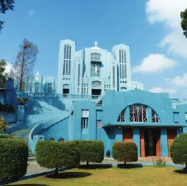 A blue and white church