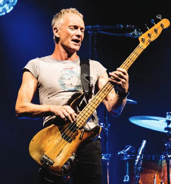 Sting playing a bass guitar at a concert