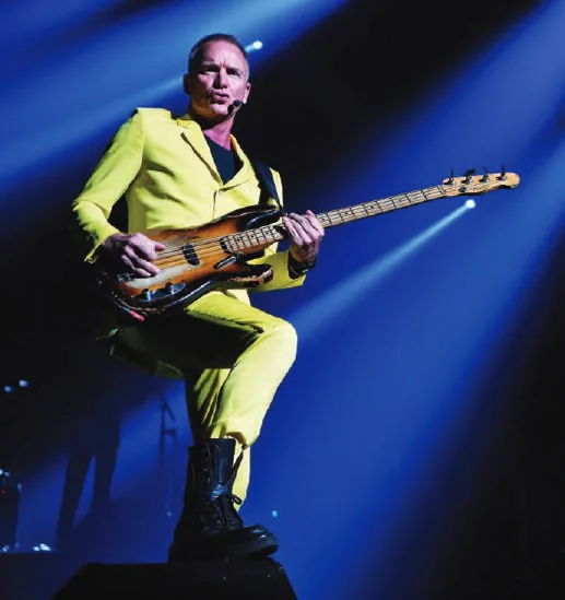 Sting in a yellow suit playing bass on stage