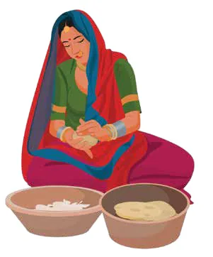 Illustration of a woman preparing dough beside two bowls