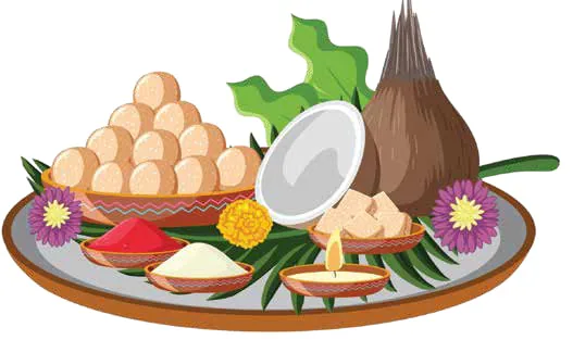 Illustration of an offering platter with sweets and a coconut