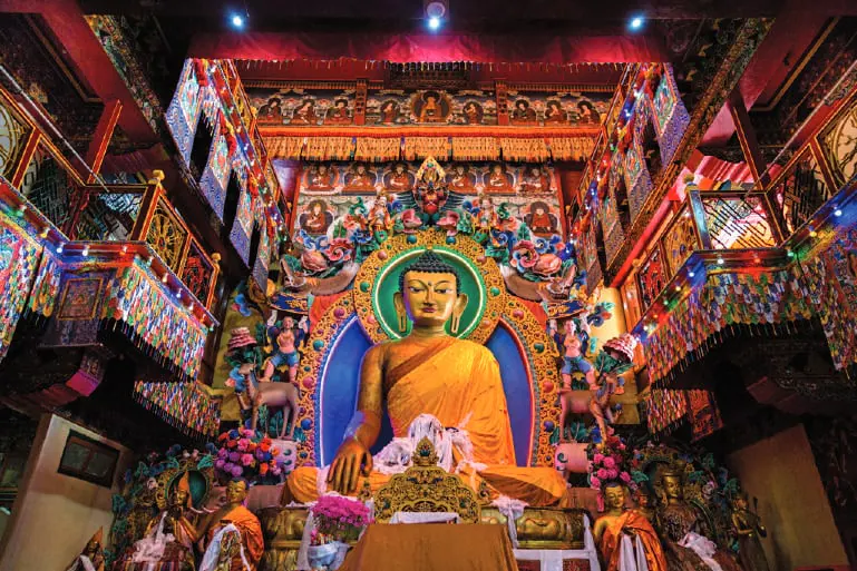 The colourful prayer hall of a monastery