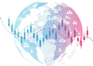 Illustration: a globe overlaid with market charts
