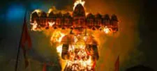 An effigy of Ravana burning at night