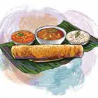 Illustration: a dosa with bowls of chutney on a banana leaf