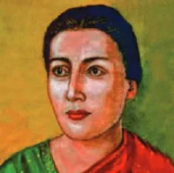 A painted portrait of a woman in a sari