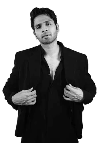 Black-and-white portrait of Vaibhav Tatwawadi in a jacket