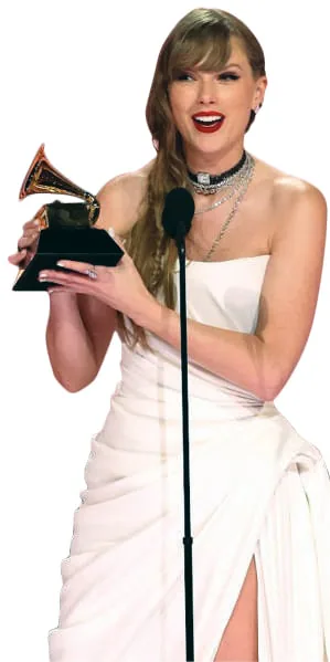 Taylor Swift holding a Grammy award, wearing a watch choker
