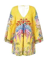 A bright yellow floral-print short dress
