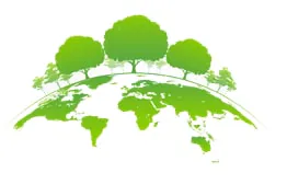 Illustration: trees growing on a green map of the world