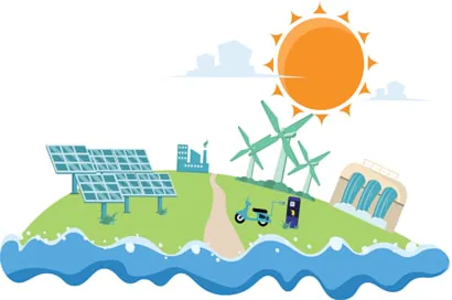 Illustration: solar panels, wind turbines and a dam under a bright sun
