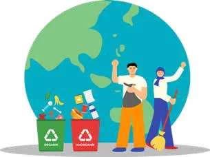 Illustration: two people sorting waste into recycling bins in front of a globe