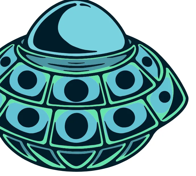Illustration of a domed, patterned flying saucer