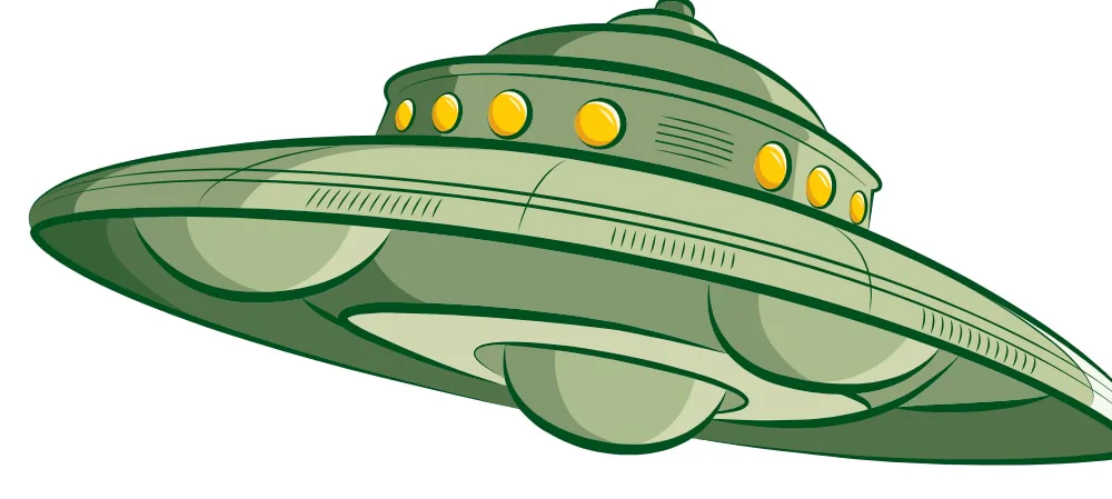 Illustration of a green flying saucer with a row of glowing lights