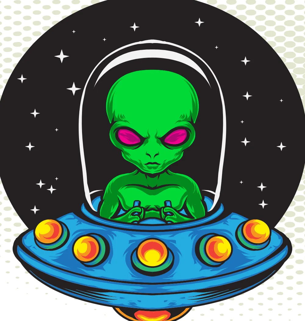 Cartoon of a green alien piloting a blue flying saucer against a starry sky