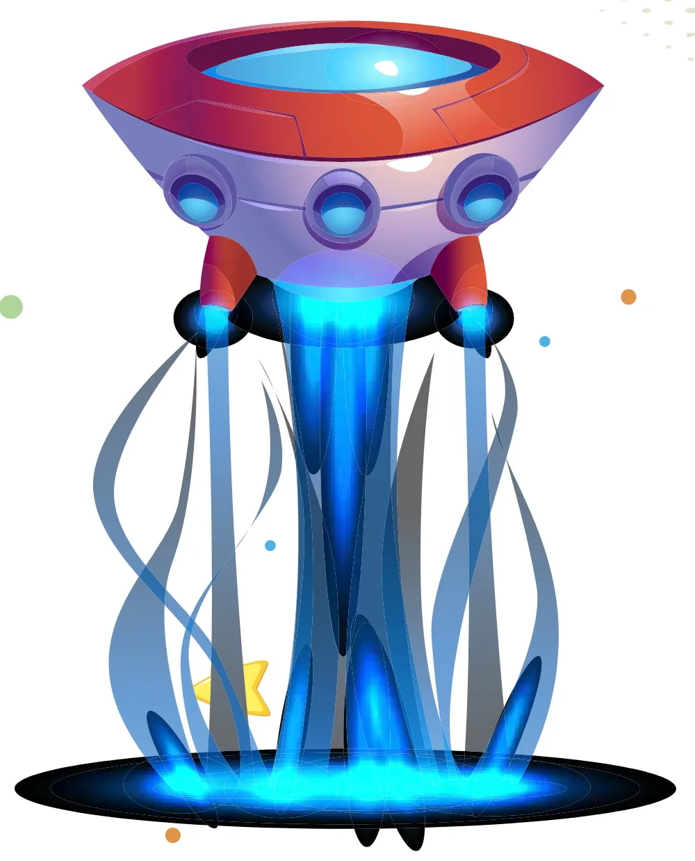 Illustration of a flying saucer sending blue beams of light to the ground